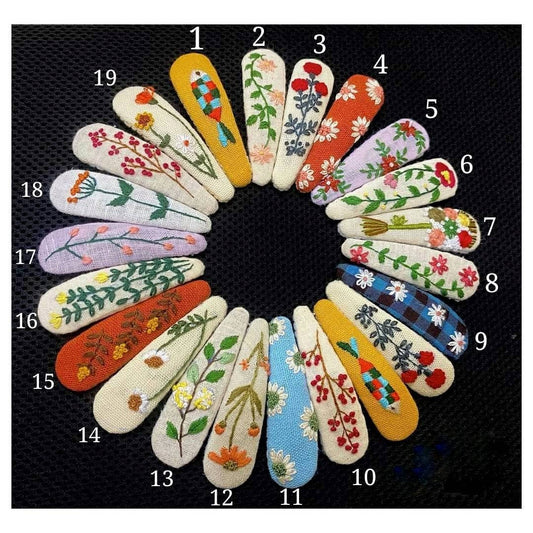 Quince Fables - Floral Embroidered Linen Teardrop Hair Barrette, Collection ✅