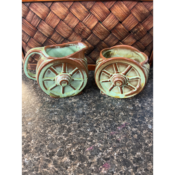 Frankoma Prairie Green Wagon Wheel Cream and Sugar dishes