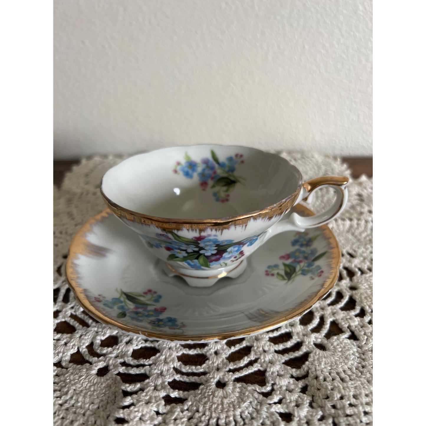 Vintage Japan Teacup & Saucer with Delicate Pink and Blue Flowers and Gold Trim
