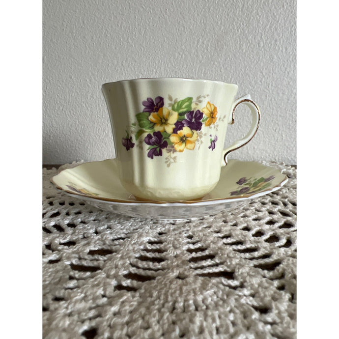 Old Royal Bone China England Pale Yellow with Purple and Yellow Violets Teacup & Saucer #2975