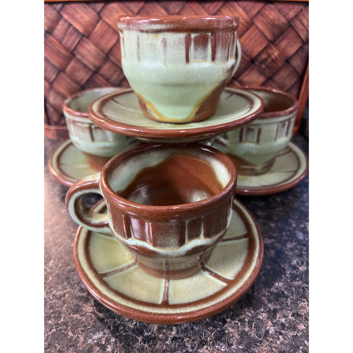 Frankoma Prairie Green Wagon Wheel Cup and Saucer Set of 4