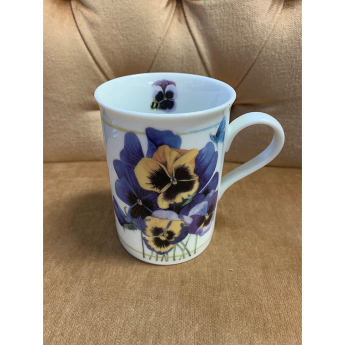 1997 Avon Marjolein Bastin Porcelain Mug Purple Pansies Floral Mug with Bee and Butterfly
