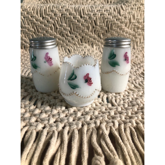 Antique Milk Glass Condiment Set Mustard Salt and Pepper Hand Painted