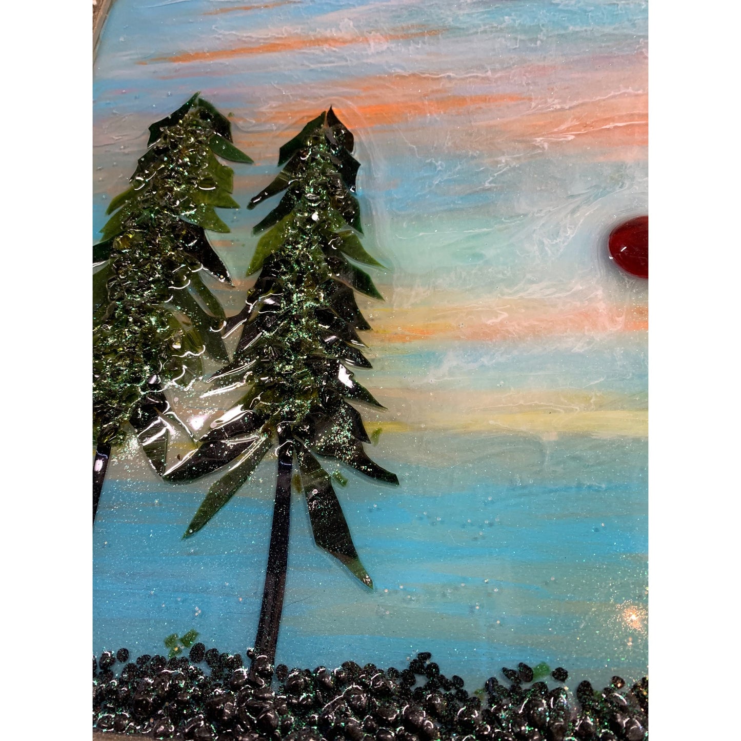 Red Sunset Forest Resin and Glass Art by Kimberly Bottemiller 23” 1/4 X 21” 5/8”