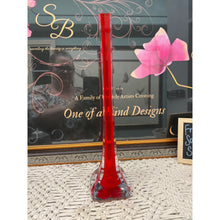 Load image into Gallery viewer, Retro 20&quot; Bright Red Glass Eiffel Tower Square Base Fluted Bud Vase
