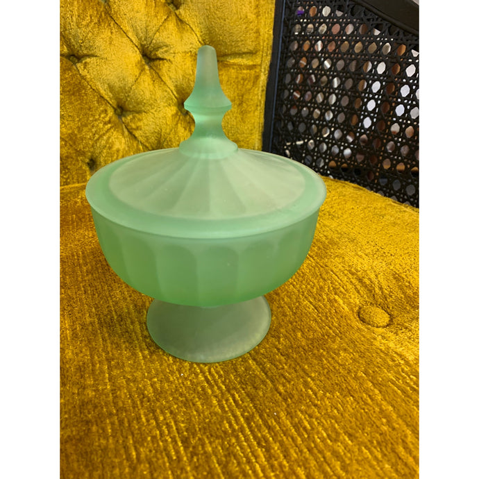 1930s Vintage Satin Green Compote Dish with Lid