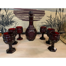 Load image into Gallery viewer, 1876 Avon Ruby Red Decanter and Small Goblets set of 6
