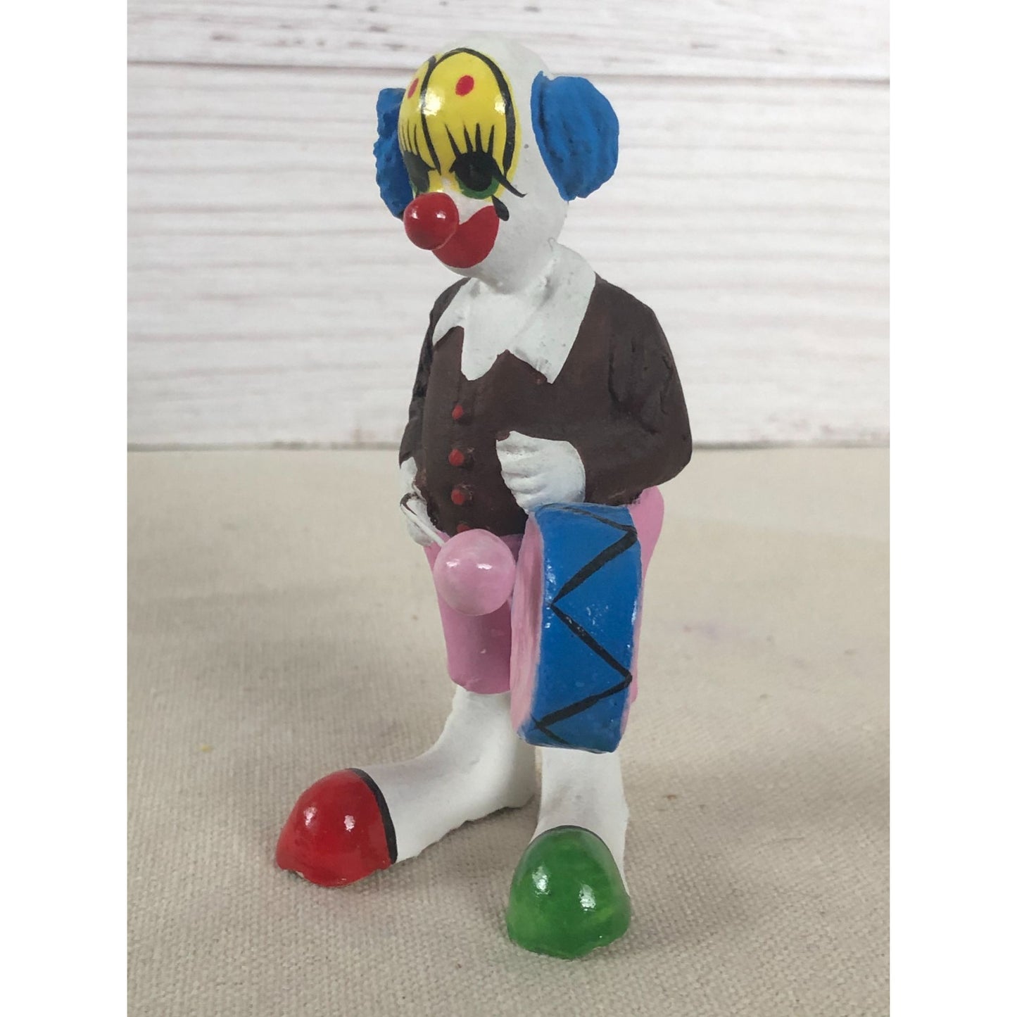Antique Mexican Folk Art Hand Sculptured Paper Mache Clown Playing Drum