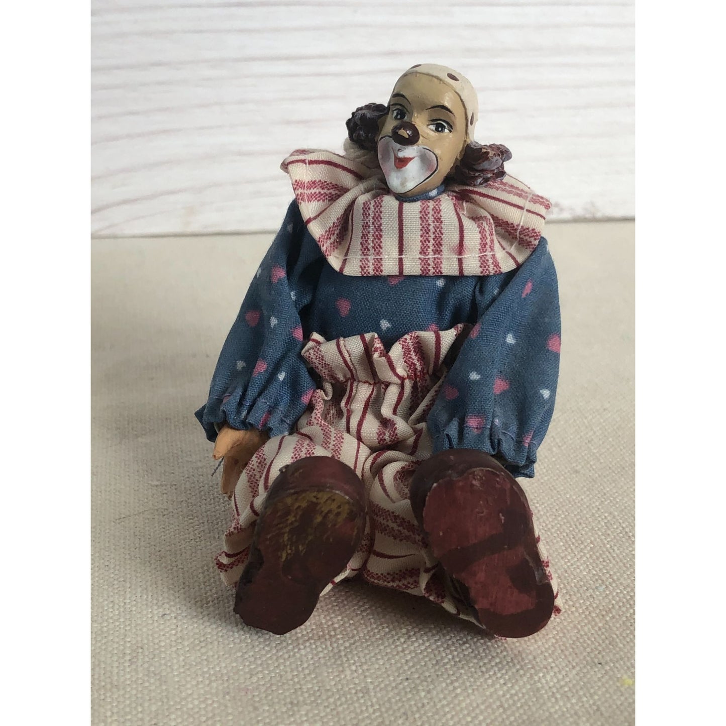Vintage Hand Painted Clown Figurine Dressed in Hand Made Clothing