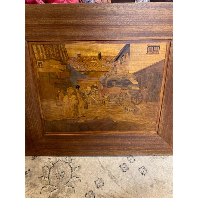 Vintage Wood Inlay Marquetry wall art Stage Coach, Signed