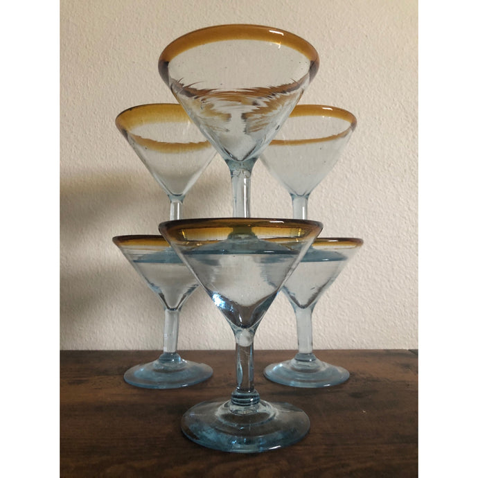 Amber Rim Martini Mexican Hand Blown Glass Set of 6