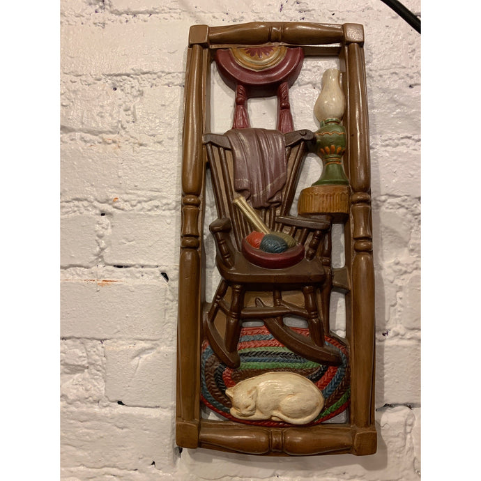 Vintage Chalkware Wall Plaques - Sewing Spindle - Pot Belly Stove - Rocking Chair (set of 3)