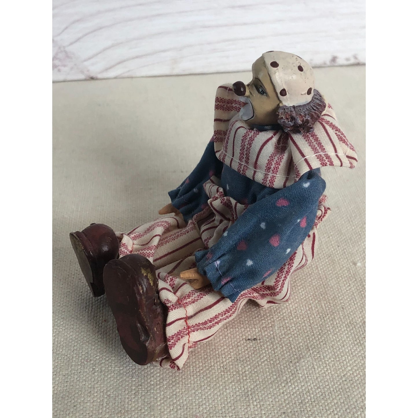 Vintage Hand Painted Clown Figurine Dressed in Hand Made Clothing