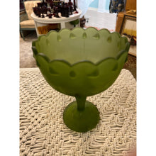 Load image into Gallery viewer, 1960s Indiana Glass Frosted Satin Green Teardrop Pattered Scalloped Compote Pedestal Bowl
