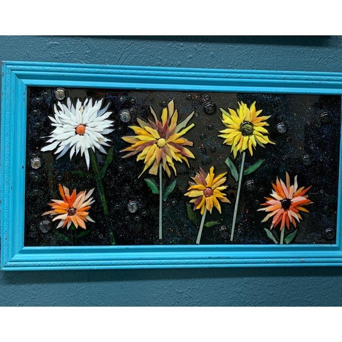 Flowers and Glitter Resin Art with Blue Upcycled Frame by Kimberly Boltemiller