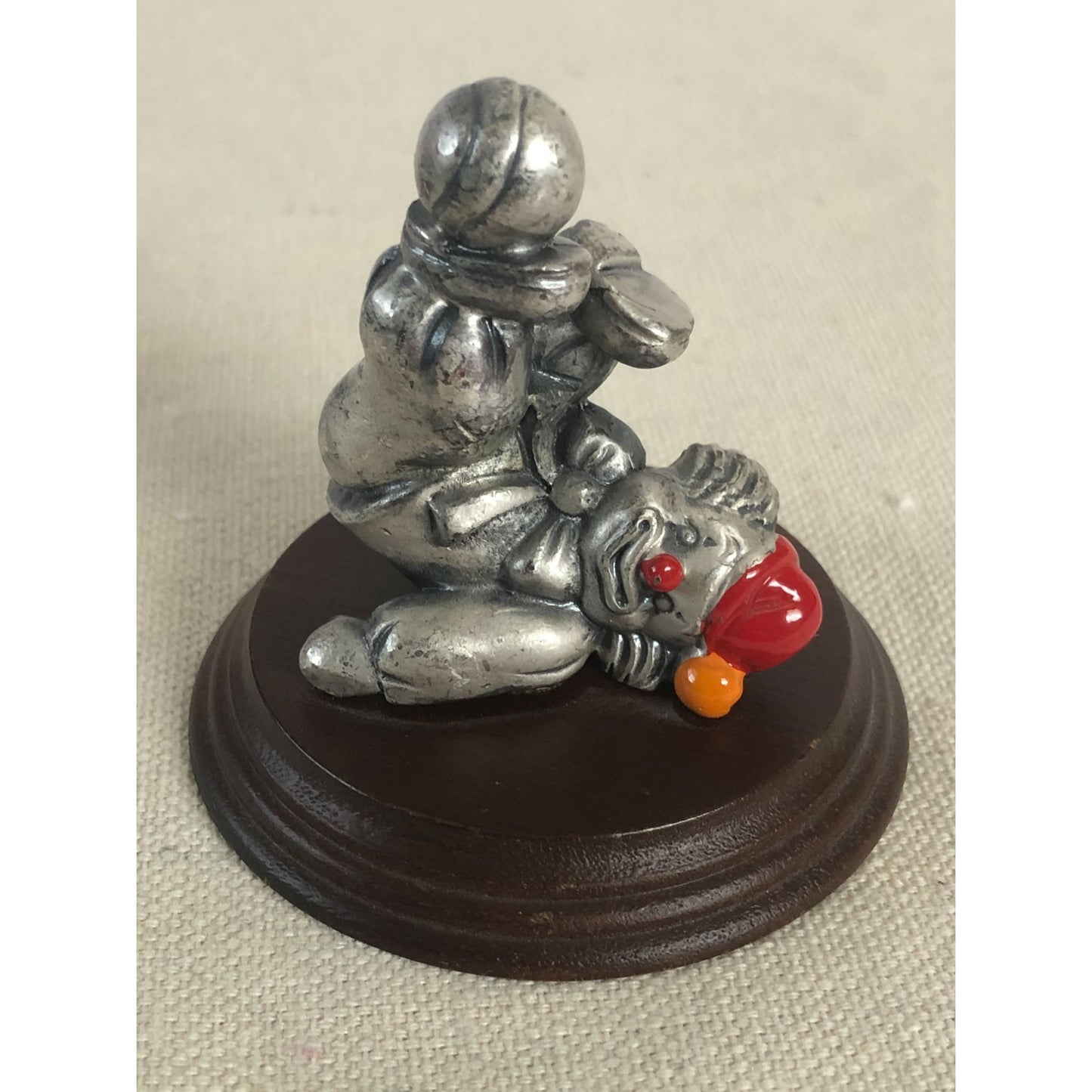 George Good Pewter Miniature Clown Laying On Back On Wood Base 2.25"