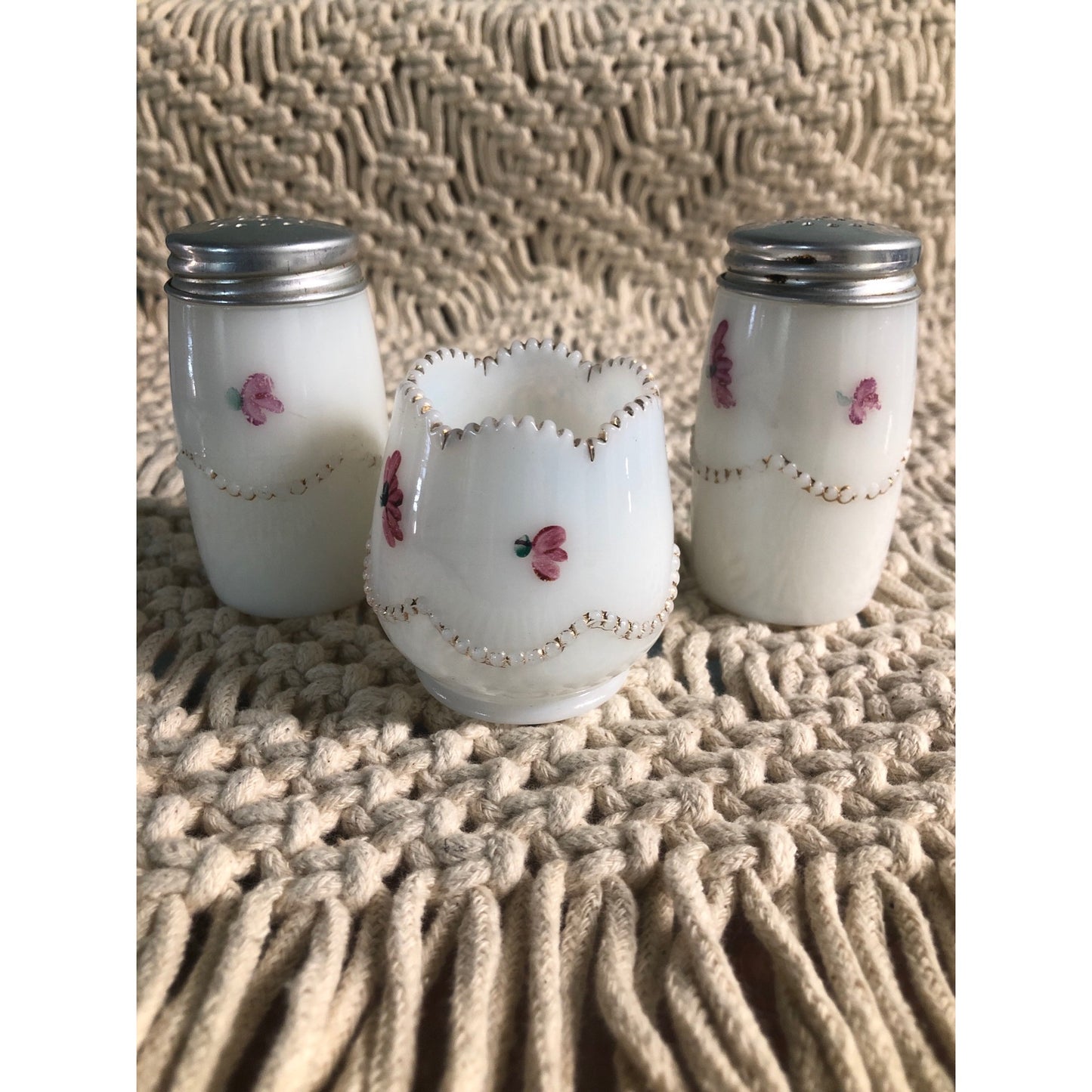 Antique Milk Glass Condiment Set Mustard Salt and Pepper Hand Painted