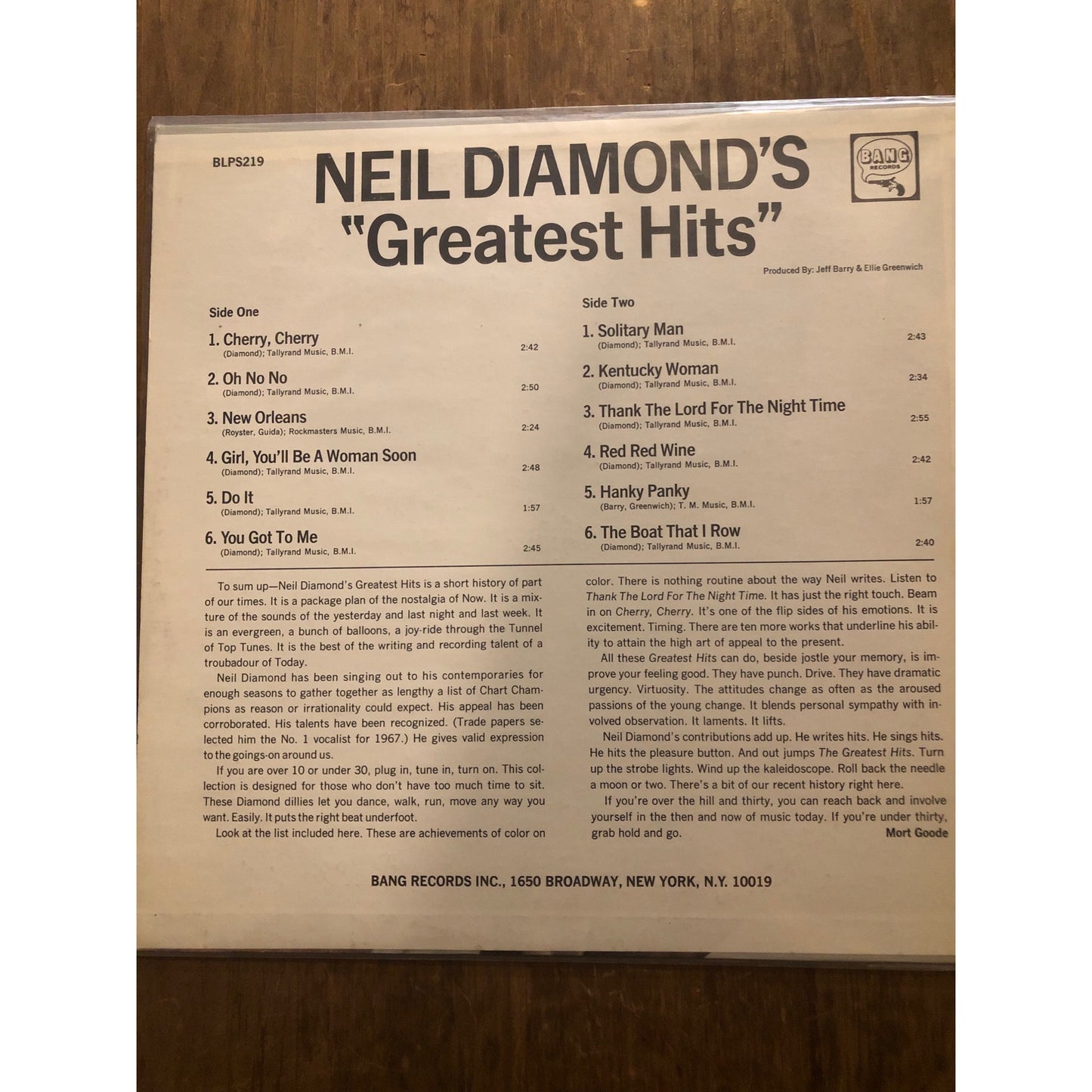 1968 Bang Records Neil Diamond - Neil Diamond's Greatest Hits Record Album Vinyl