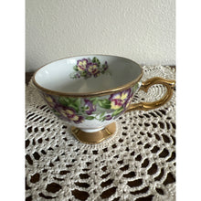 Load image into Gallery viewer, Vintage Purple and Yellow Pansy with Gold Trim Porcelain Teacup Unmarked
