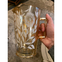 Load image into Gallery viewer, 1940s Jeanette Cosmos Sunflower Iridescent Carnival Glass Pitcher, Marigold Lustre with White Flowers with 5 Glasses

