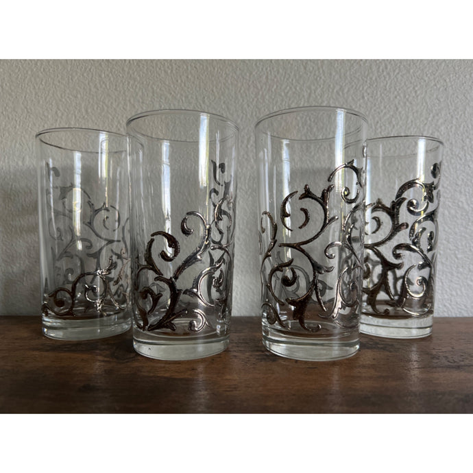 1960's MCM Libbey Silver Scroll Highball Glasses Tumblers Set of 4