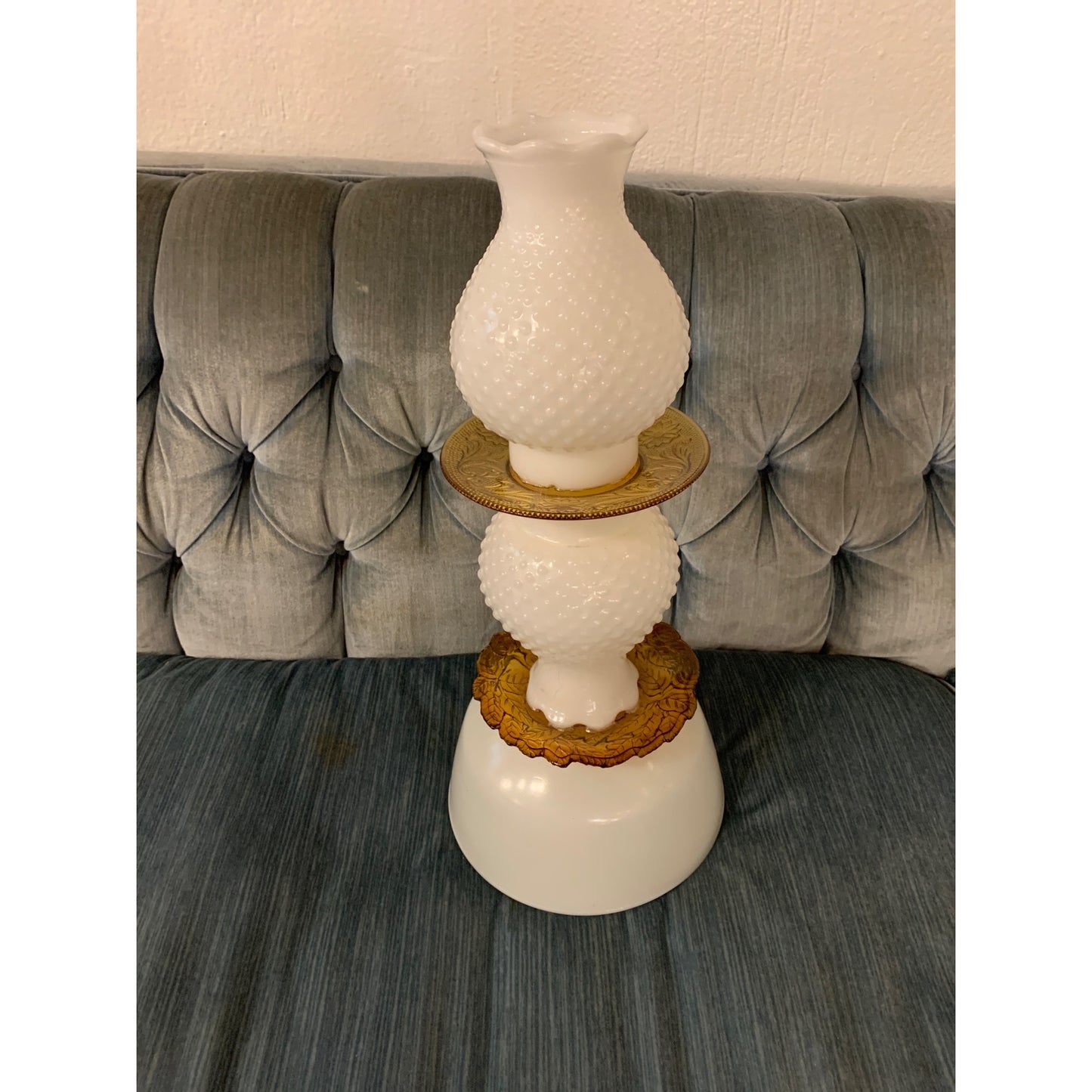 Upcycled Amber and Milk Glass Yard Art Bird Feeder