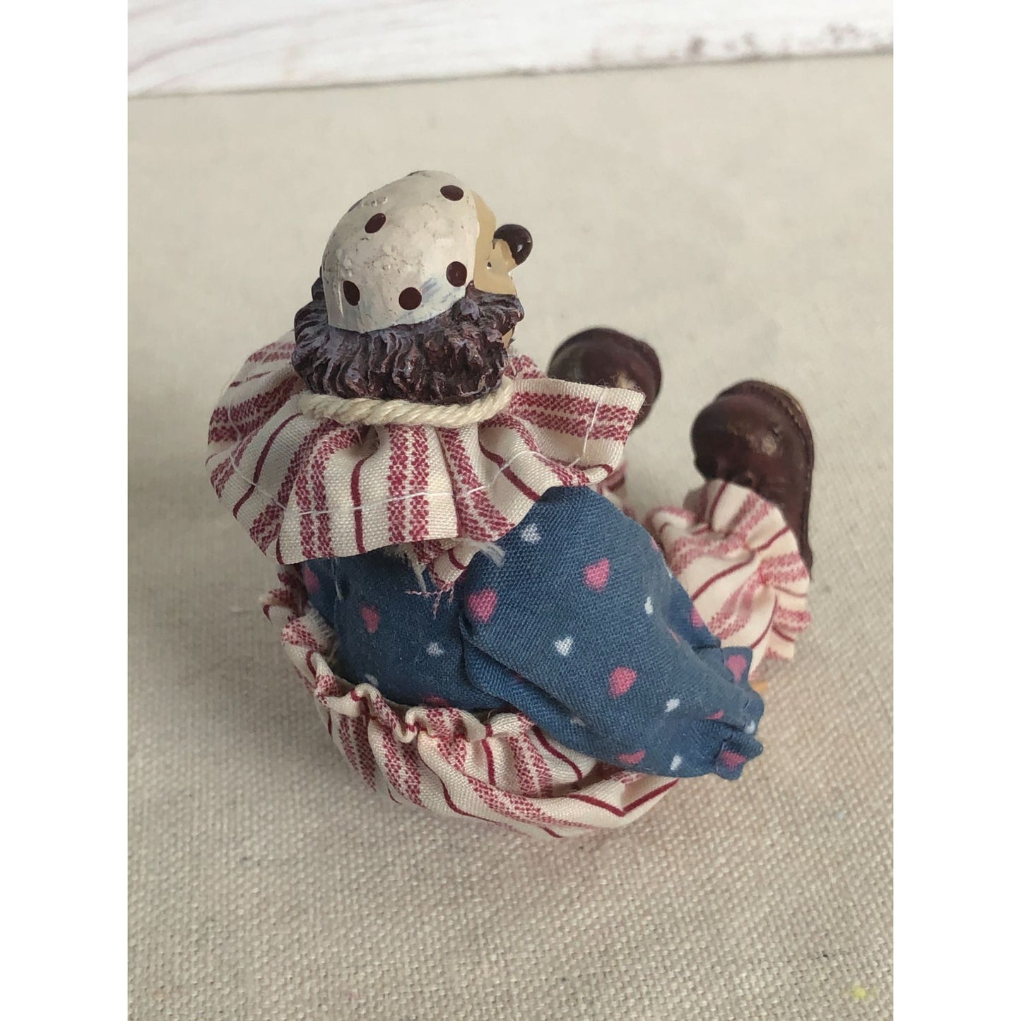 Vintage Hand Painted Clown Figurine Dressed in Hand Made Clothing