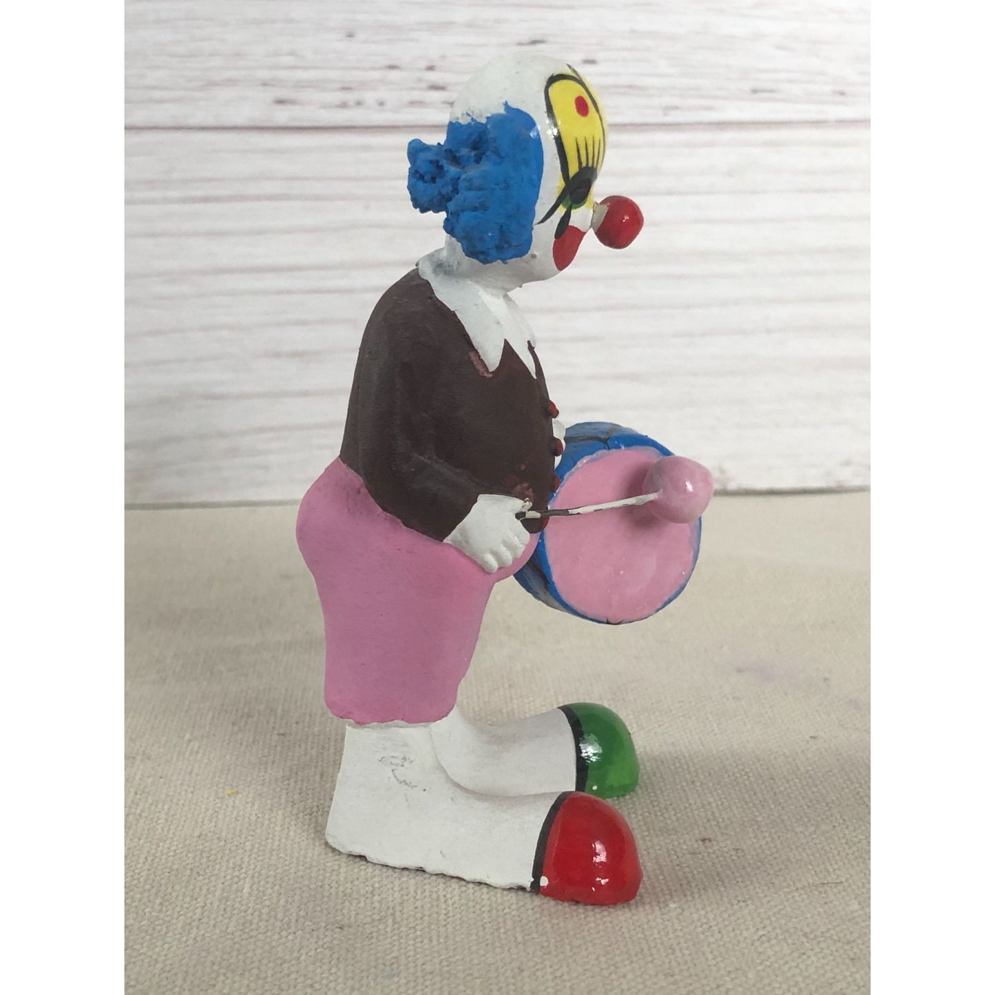 Antique Mexican Folk Art Hand Sculptured Paper Mache Clown Playing Drum
