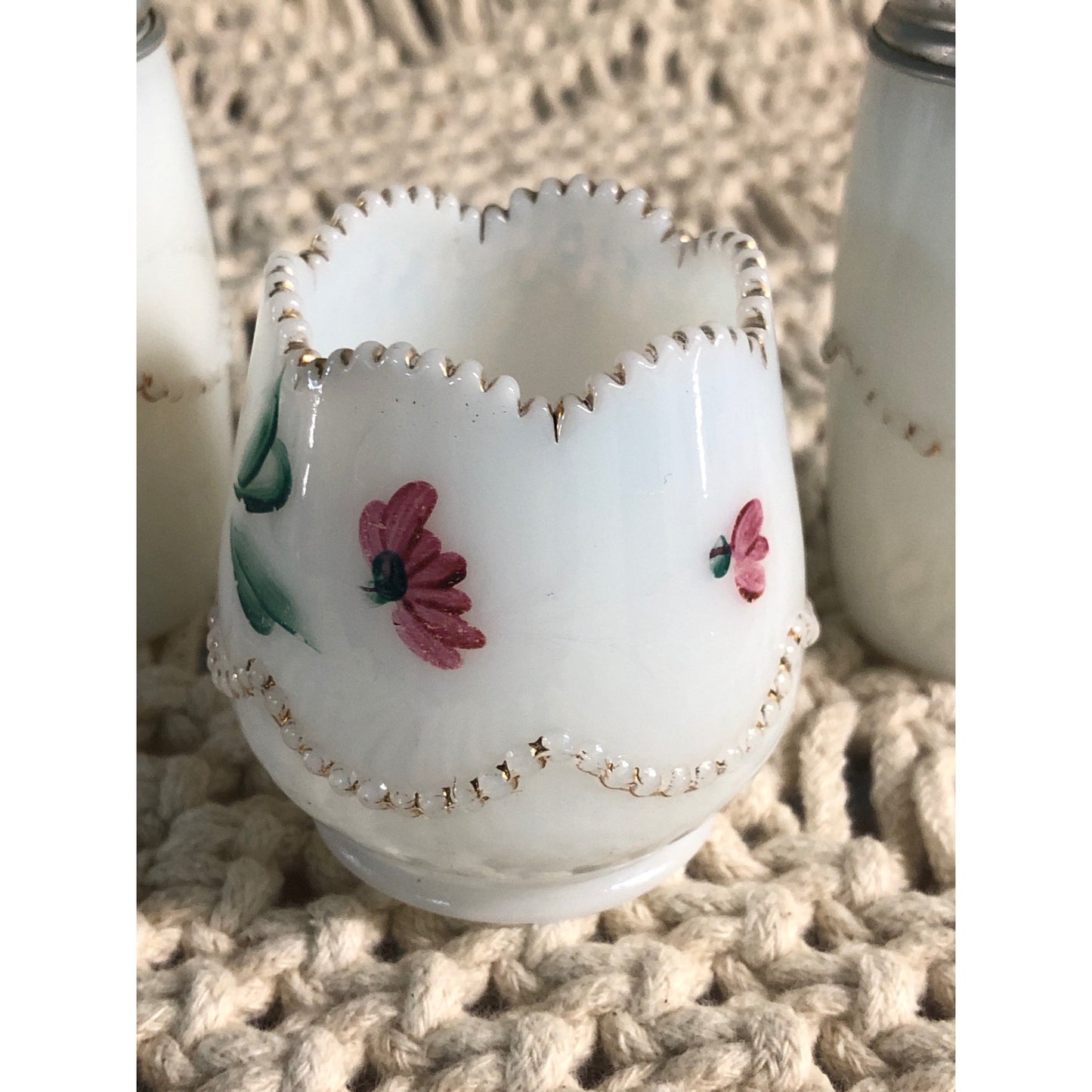Antique Milk Glass Condiment Set Mustard Salt and Pepper Hand Painted