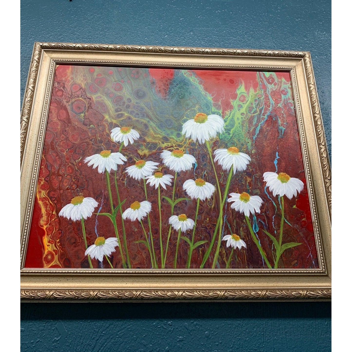Daisies Resin Acrylic Pour 16x20 Wall Art by Kimberly Boltemiller