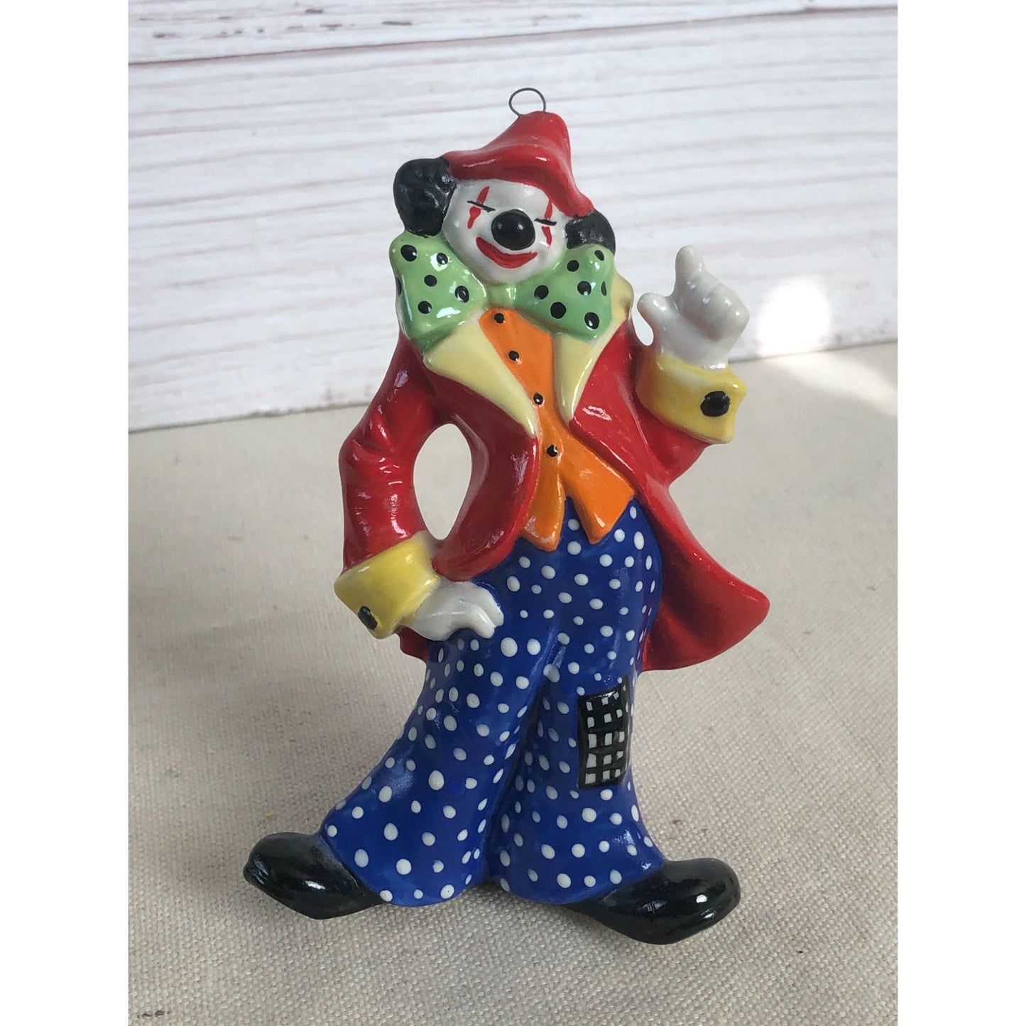 1984 Ceramic Squinting Clown Red Coat Polka Dot Pants Ornament Signed "Paula"