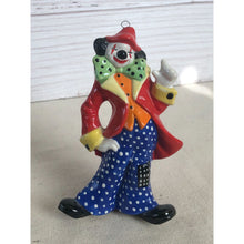 Load image into Gallery viewer, 1984 Ceramic Squinting Clown Red Coat Polka Dot Pants Ornament Signed &quot;Paula&quot;

