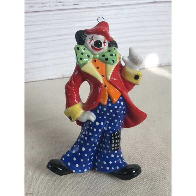 1984 Ceramic Squinting Clown Red Coat Polka Dot Pants Ornament Signed 