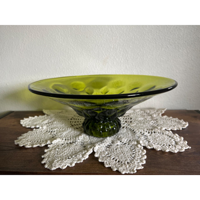 Large Avocado Green Footed Bowl Thumbprint Design, Table Centerpiece Bowl