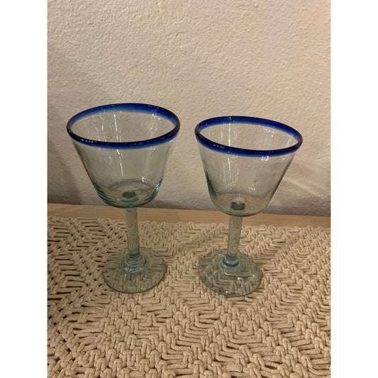 Blue Rimmed Mexican hand Blown Cocktail Glass set of 2