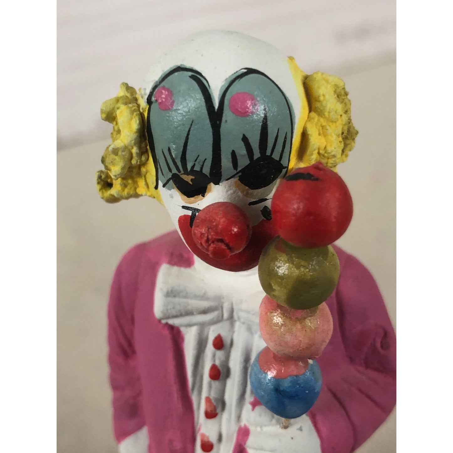 Vintage Mexican Folk Art Paper Mache Clown in Pink Holding Four Balls on a Stick