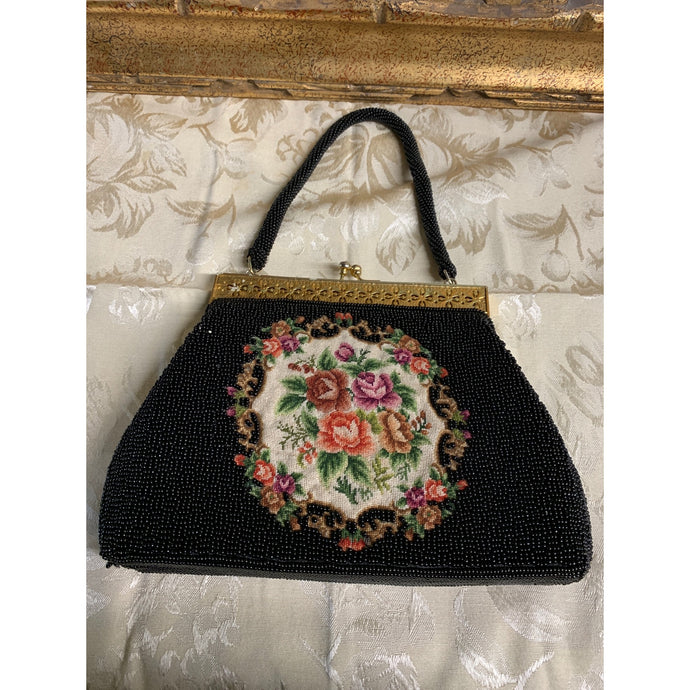 Vintage Beaded Needle Point Handbag with Beaded Handle