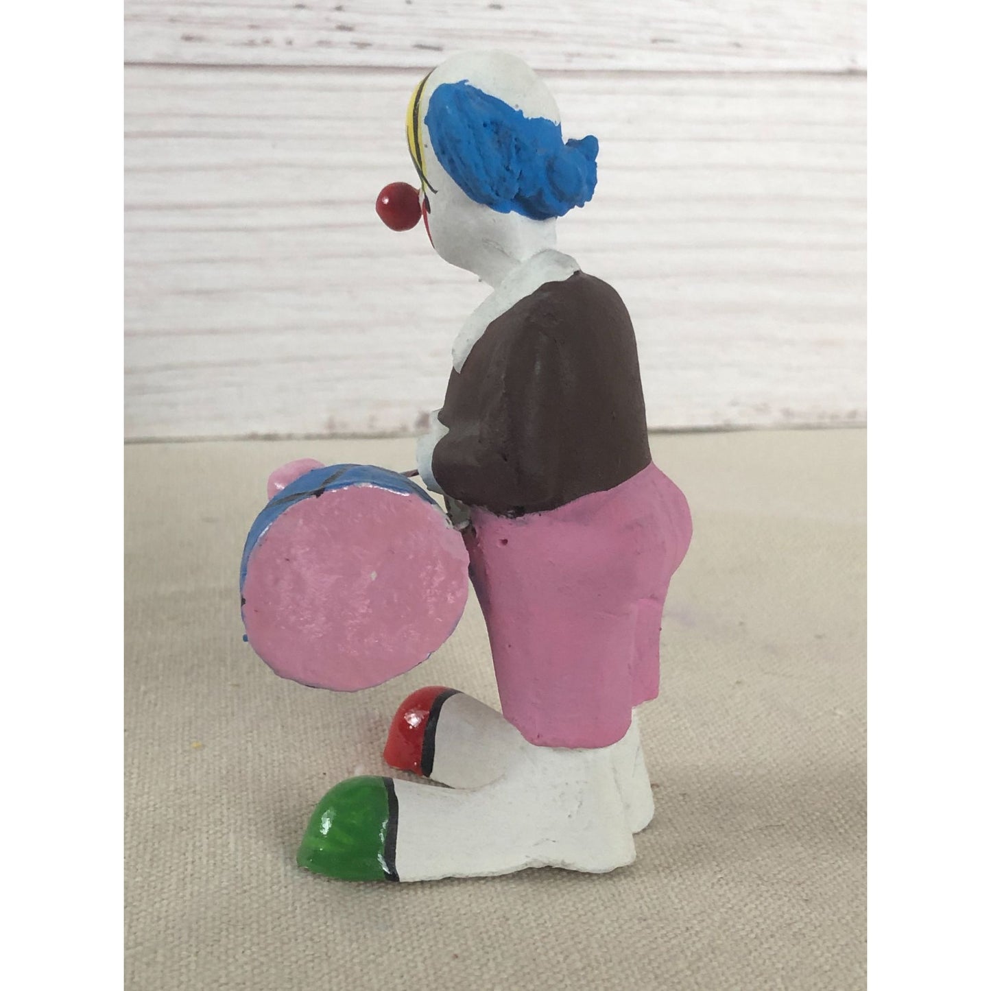 Antique Mexican Folk Art Hand Sculptured Paper Mache Clown Playing Drum