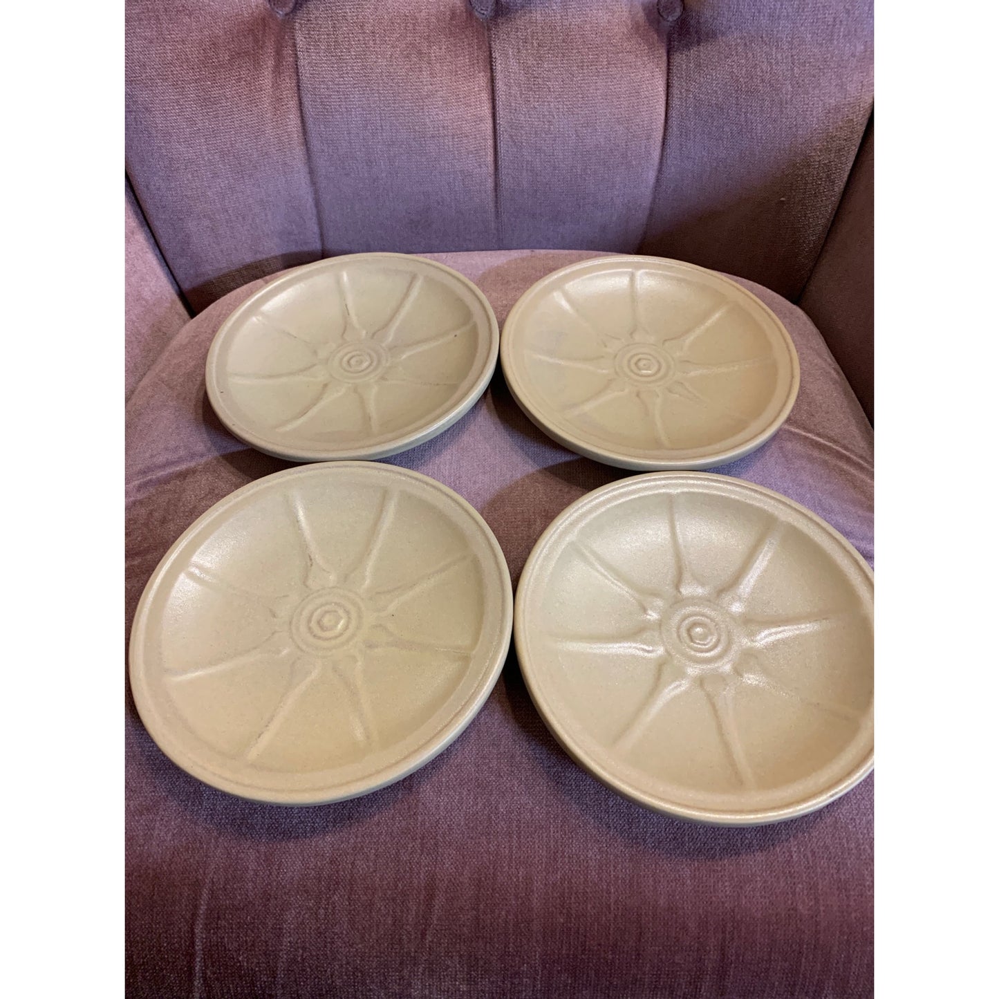 1960s Frankoma 4pc Desert Sand Wagon Wheel Bread Plates