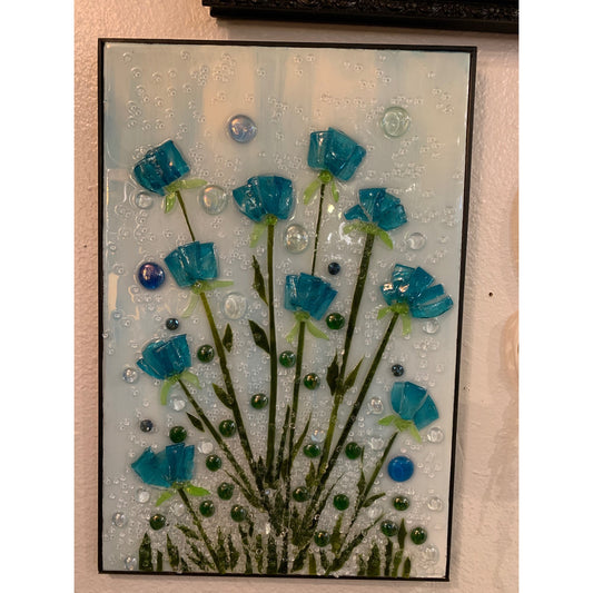 Resin Glass Art Blue Blowers 24” X 16”3/4” By Kimberly Bottemiller