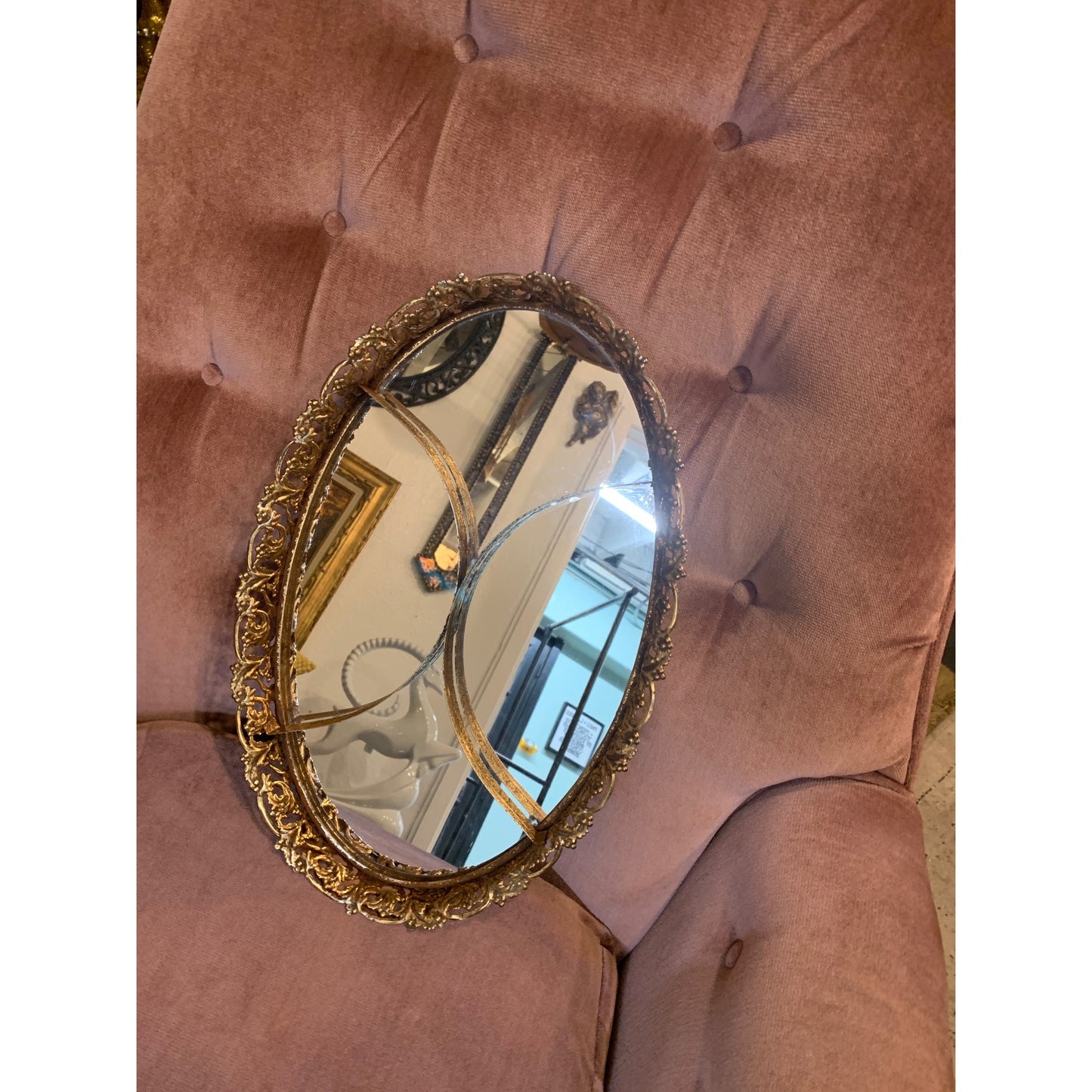 Vintage Oval Filigree Gold Tone Dresser Top Vanity Mirror Tray