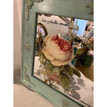 Load image into Gallery viewer, Vintage Green Framed Mirror with Decor Flower Transfer Hand Painted by Catherine Swift

