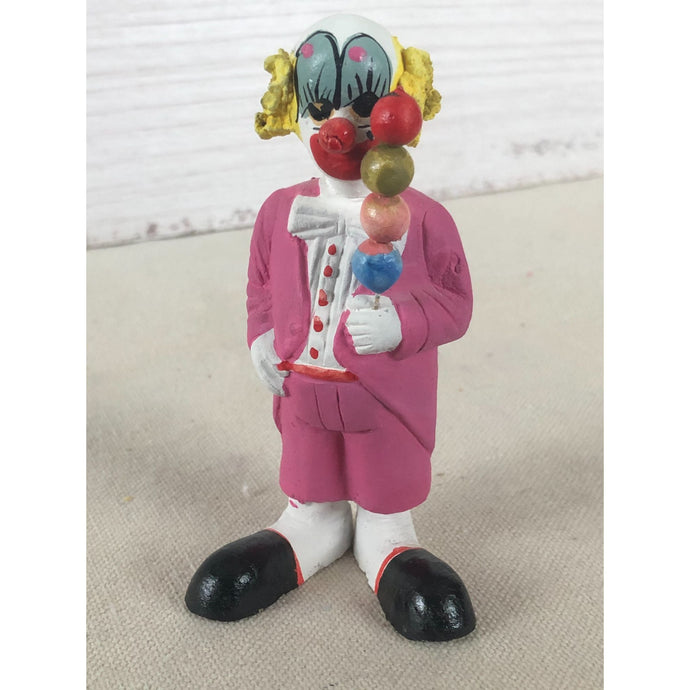 Vintage Mexican Folk Art Paper Mache Clown in Pink Holding Four Balls on a Stick