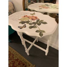 Load image into Gallery viewer, Vintage Upcycled Wood Side Table with Large Flower Transfer Hand Painted by Catherine Swift
