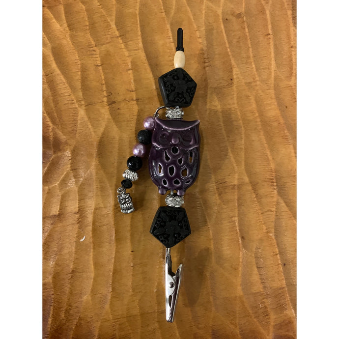 Purple Owl with Small Silver Owl Charm, Beaded Alligator Clip, Credit Card Clip