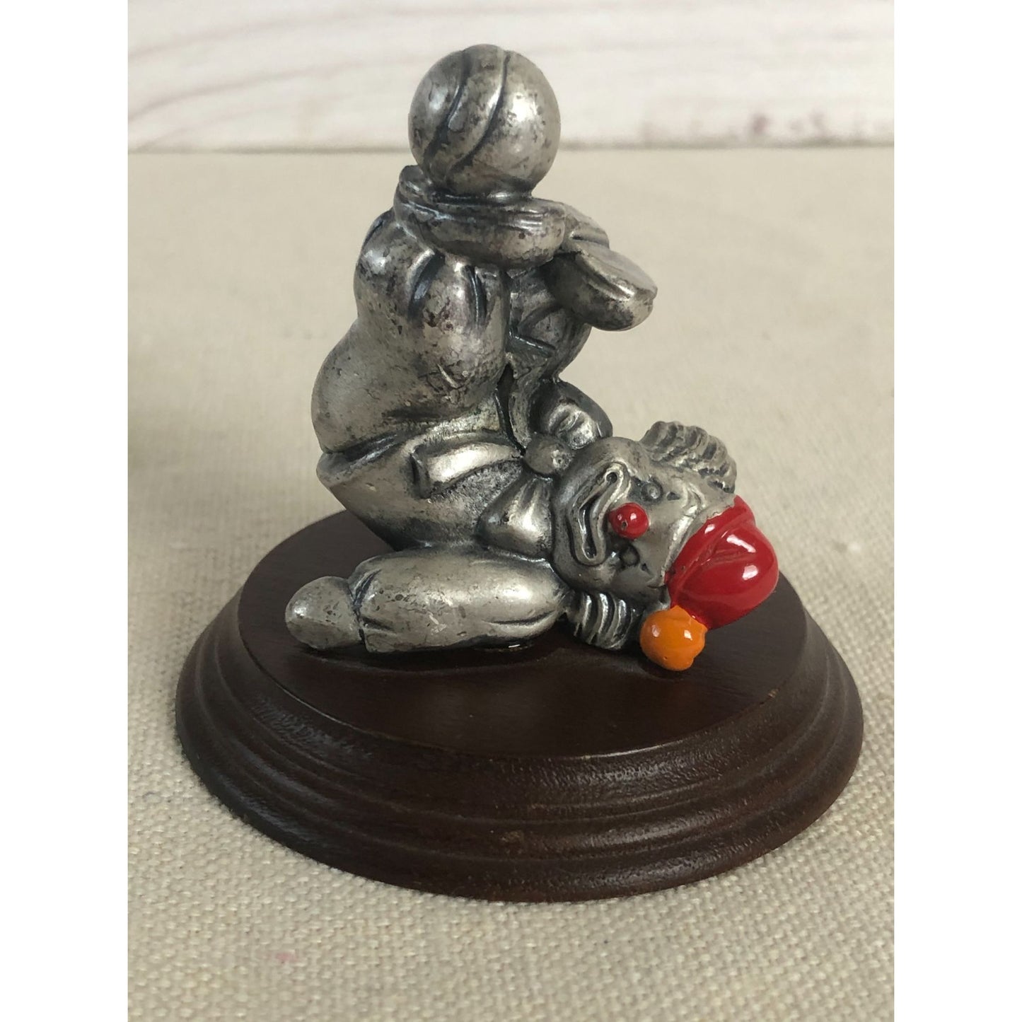 George Good Pewter Miniature Clown Laying On Back On Wood Base 2.25"