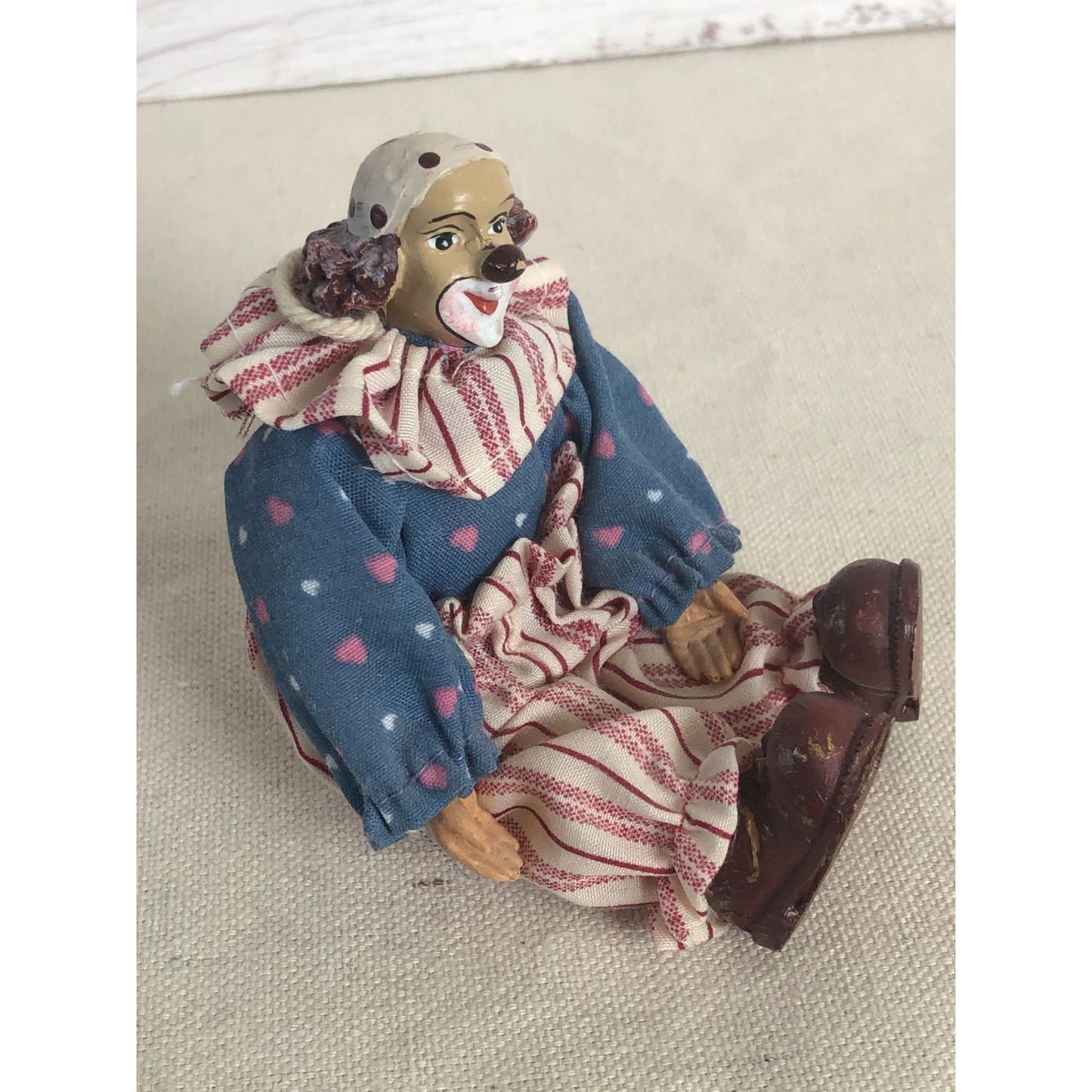 Vintage Hand Painted Clown Figurine Dressed in Hand Made Clothing
