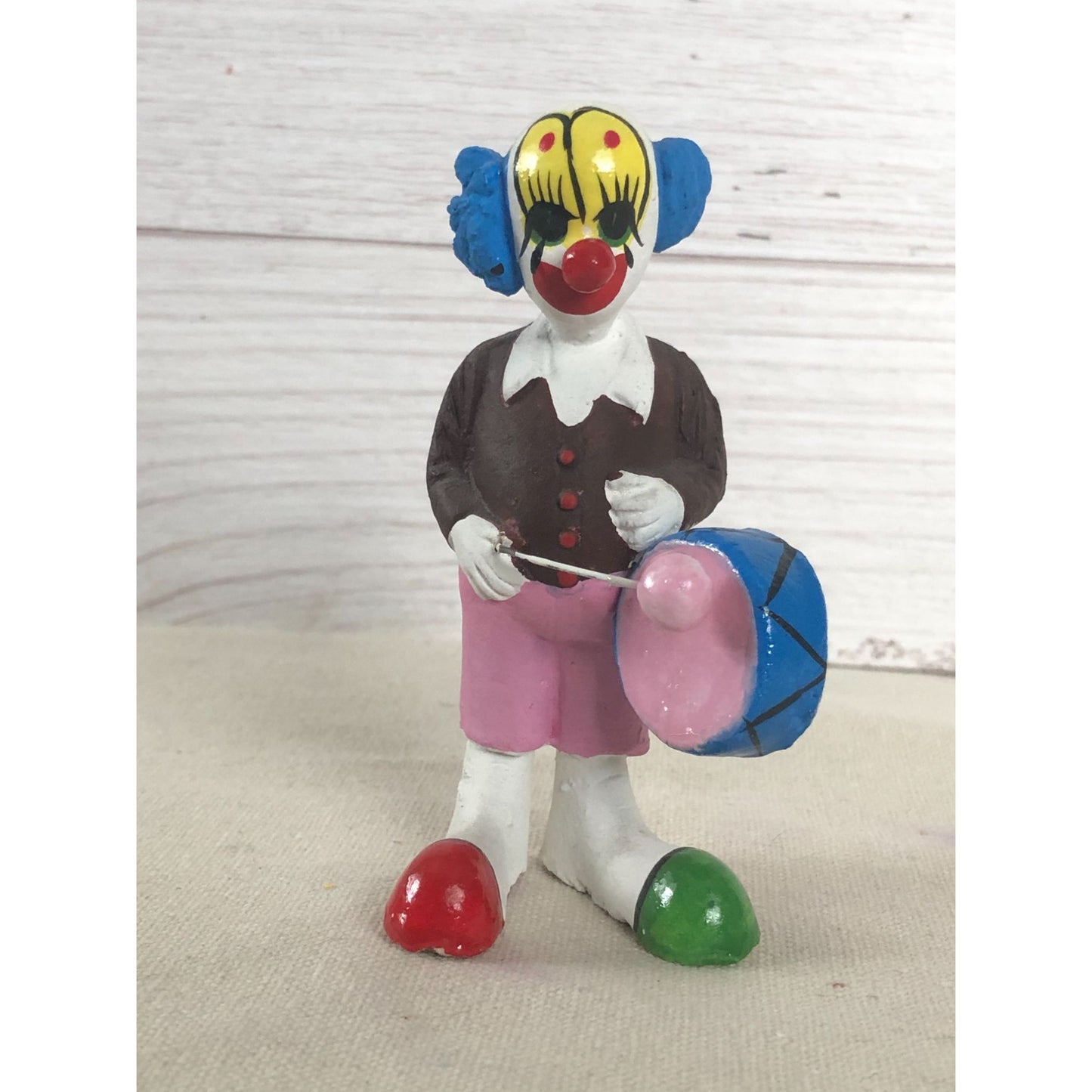 Antique Mexican Folk Art Hand Sculptured Paper Mache Clown Playing Drum