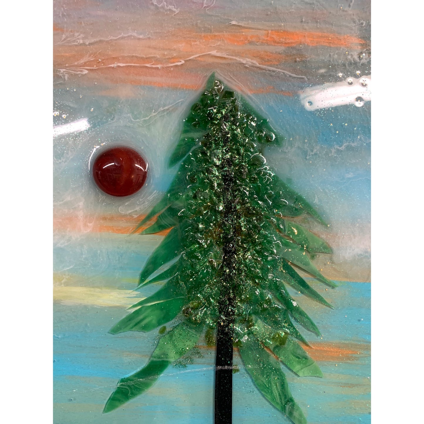 Red Sunset Forest Resin and Glass Art by Kimberly Bottemiller 23” 1/4 X 21” 5/8”