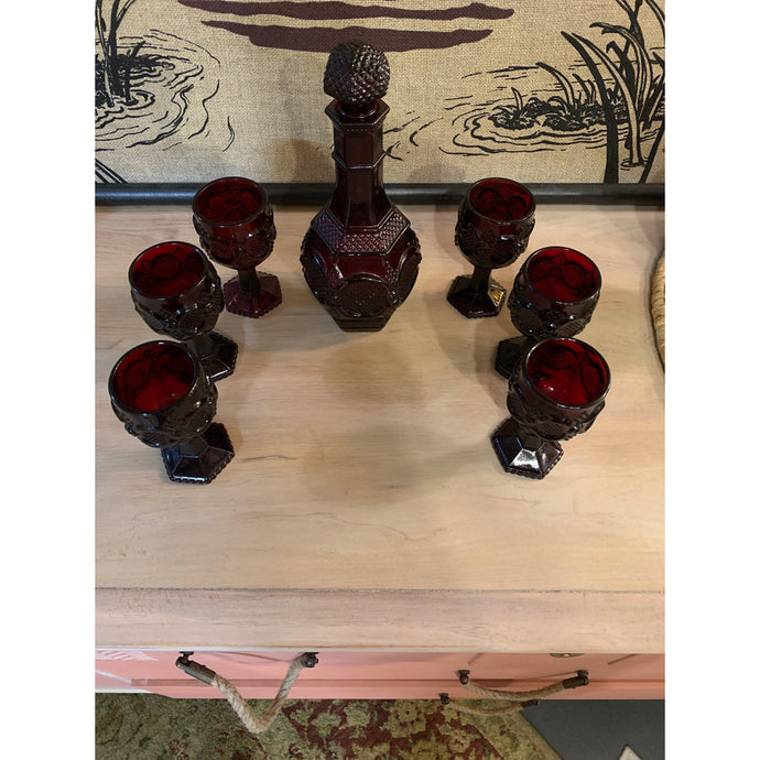 1876 Avon Ruby Red Decanter and Small Goblets set of 6